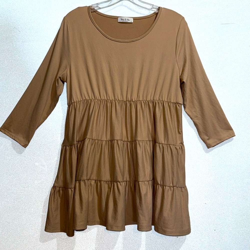 you & Me Cute Women Dress 3/4 Sleeves Tan Size M - Picture 1 of 4